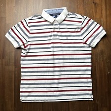 Tommy Hilfiger Polo Shirt Mens XL White Red Blue Striped Slim Fit Short Sleeve