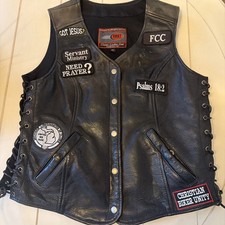 Vtg Black Leather Biker Vest Christian Motorcycle Club Small Patches Size MT