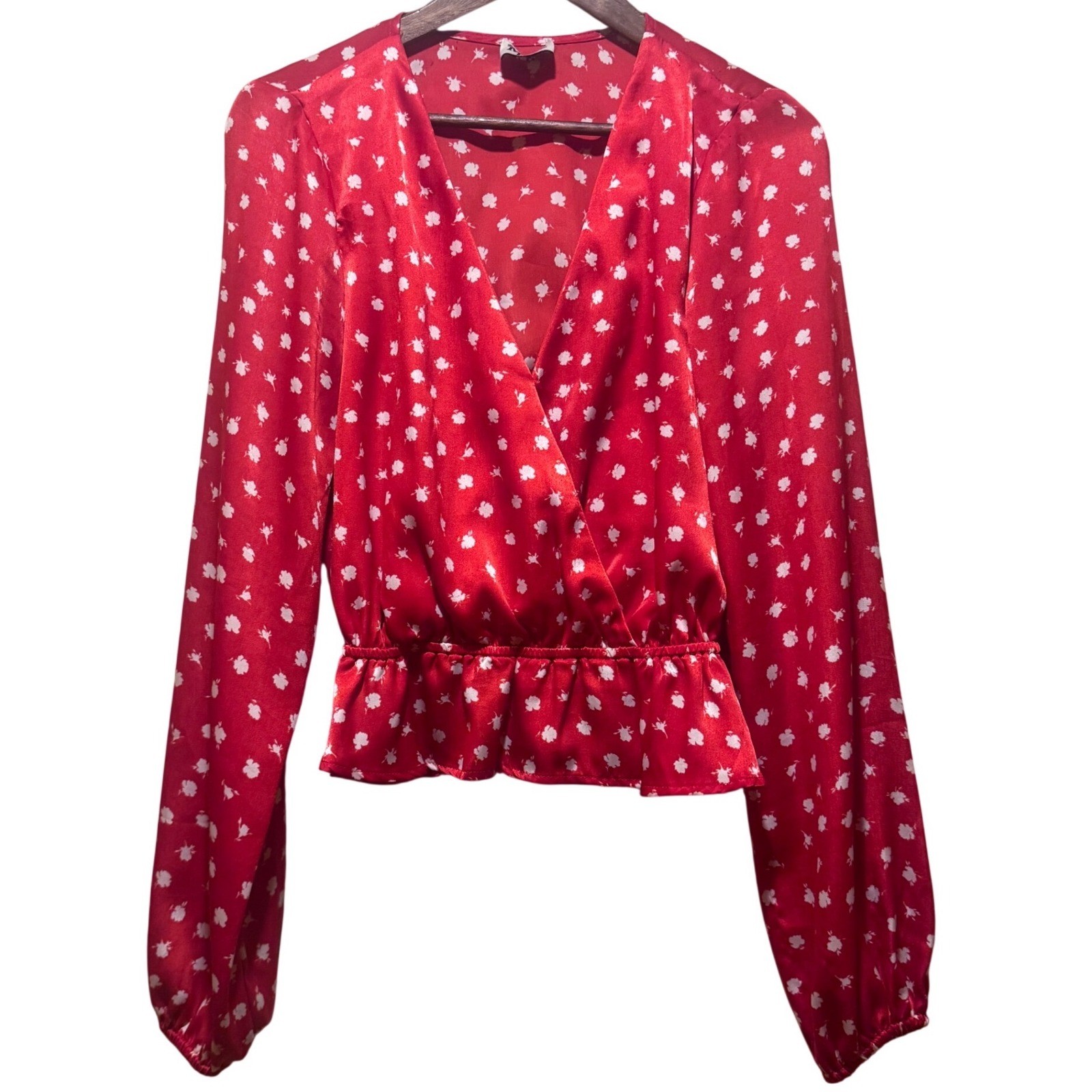 Show Me Your Mumu Red White Floral Satin Wrap Peplum Long Sleeve Blouse Medium
