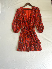 Eliza J Dress, red with blue floral, Size 16 Surplice Neck, long sleeve.