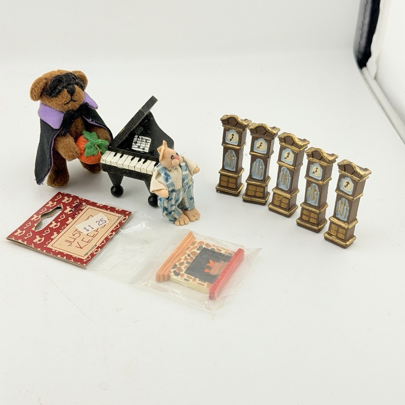 Vintage Dollhouse Miniature Lot Bears Piano Grandfather Clocks Fireplace 1:12