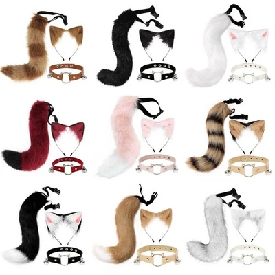 Plush Fake Fox Wolf Tail Masquerade Party Tail Set Animal Ears Headband Women