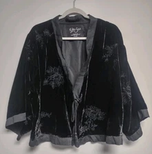 Kyla Seo Anika Kimono Embroidered Black Velvet Small Crop Cardigan NWT