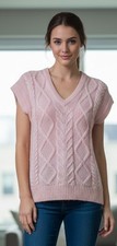Vintage Shapely Knits Pink V-Neck Tunic Cable Knit Sweater Acrylic Wool Rayon S