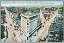 Postcard Oakland CA Panorama First National Bank trolly cars The Owl Boraxo