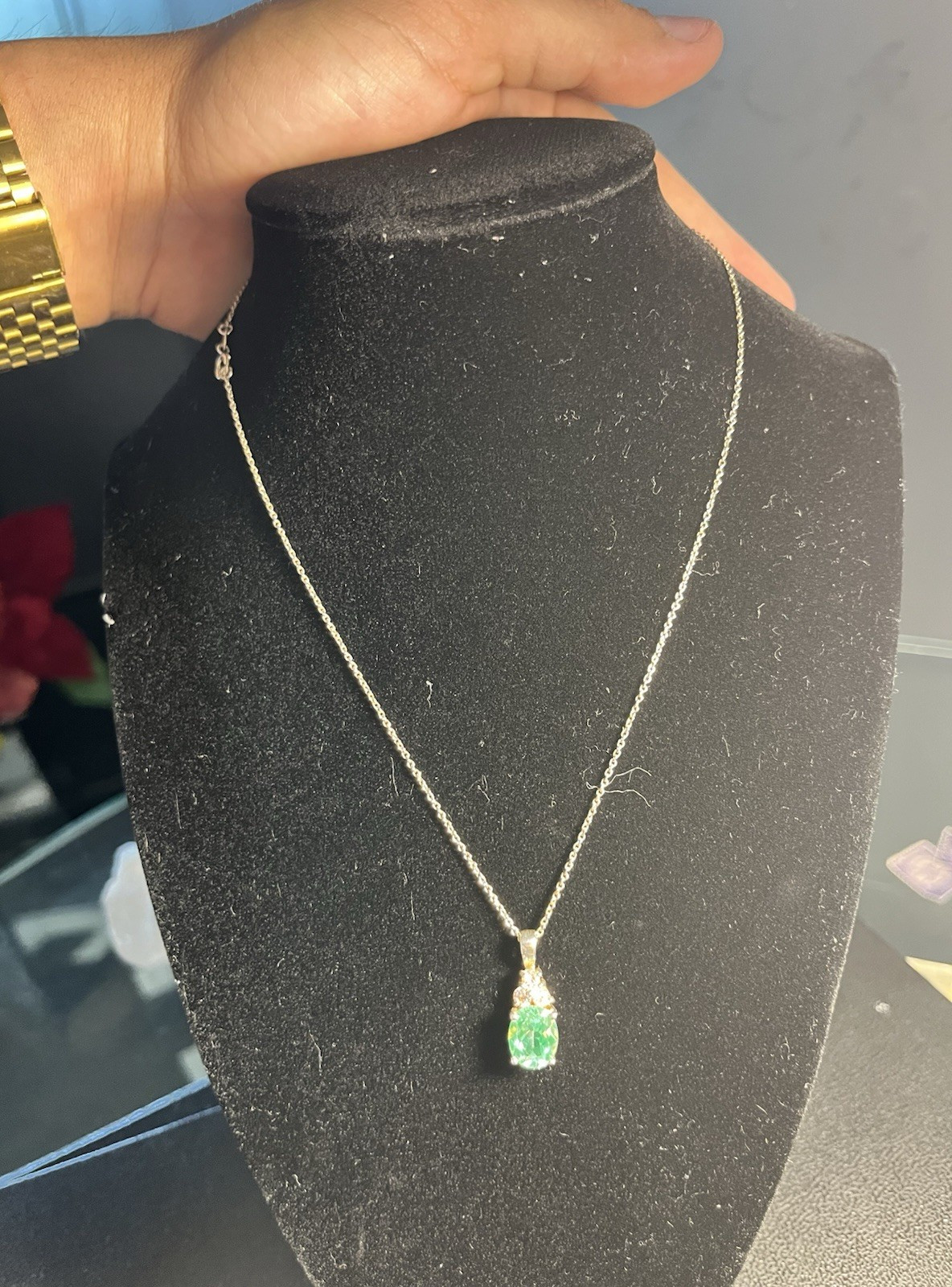 Silver Oval Emerald Pendant Necklace with Cable Chain