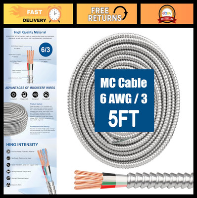 6FT 6/3 MC Cable with Ground - 6AWG Pure Copper 3 Conductor Metal Clad Wire