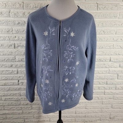 Croft & Barrow Womens Plus 1X Fleece Full Zip Jacket Blue Floral Embroidered Top