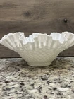 Fenton milk glass hobnail fruit bowl w/ruffled and crimped edge 10"