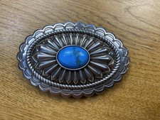 Oval Silver Tone Belt Buckle with Turquiose Color Cabochon