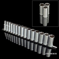 15pc 3/8" Drive Metric Deep Socket Set 8mm-22mm + Storage Rail Heavy Duty CRV