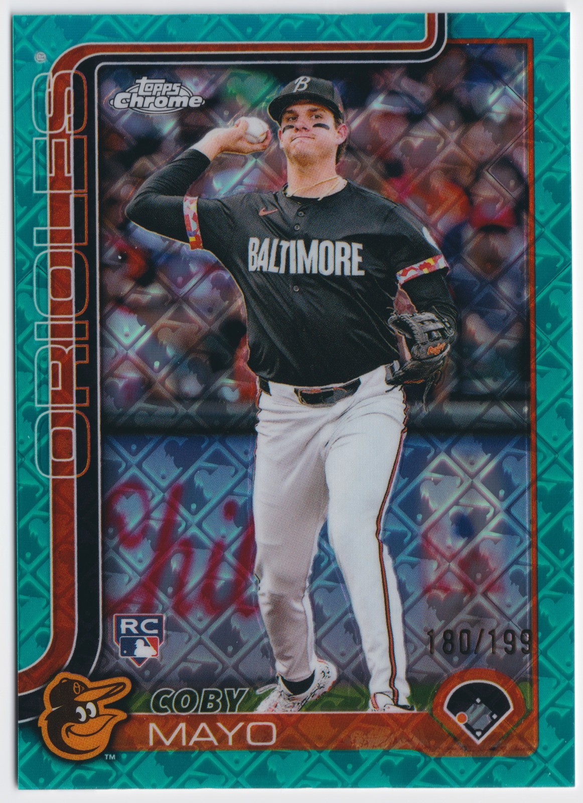2025 Topps Chrome #120 Coby Mayo Logofractor Aqua Refractor #/199 Orioles