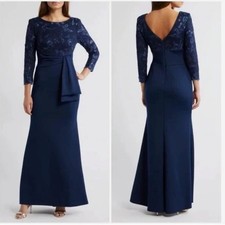 Eliza J Women's US 16 Navy Blue Sequin Lace Bodice Trumpet Maxi Gown Dress NWT
