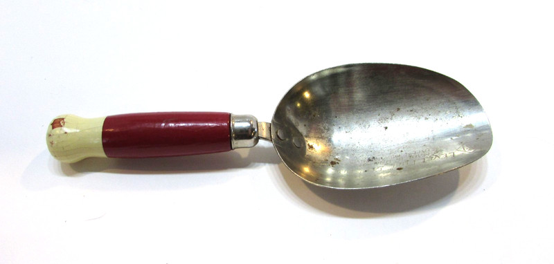 Old 1930s AJ Steel Measuring Scoop w Red Wood Handle Cream Rare Antique Knob End