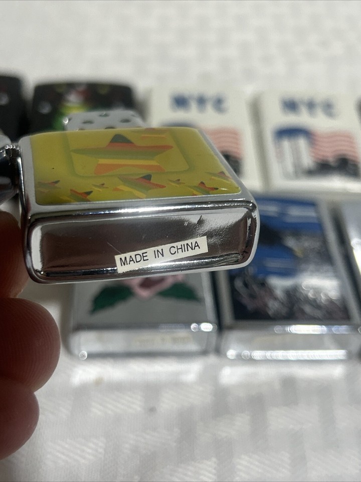 Lot of 9 DECORATIVE THEMED SILVER/WHITE/BLACK Cigarette Lighters All