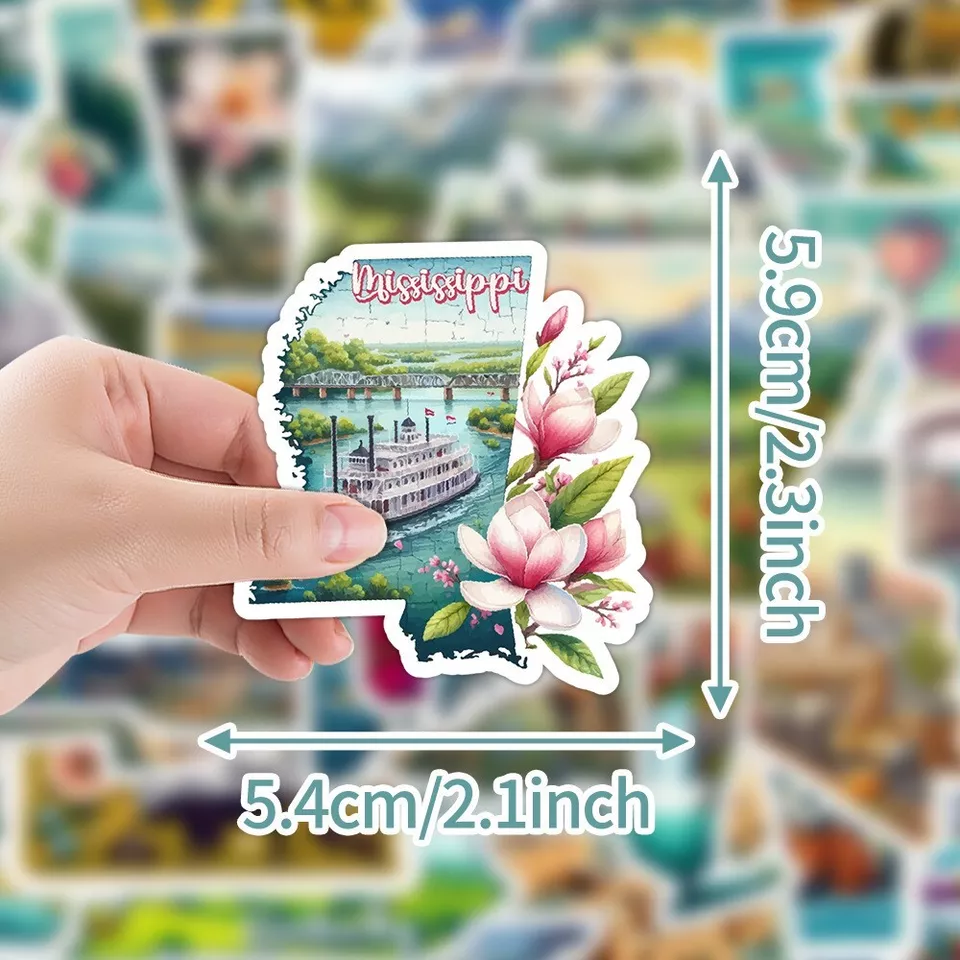 50pcs Waterproof Stickers USA 50 States Clipart Travel City Luggage Phone Fridge - Image 4 of 4