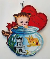 CAT w GOLDFISH BOWL, JUST FISHING for a VALENTINE * Glitter ORNAMENT Vtg Img