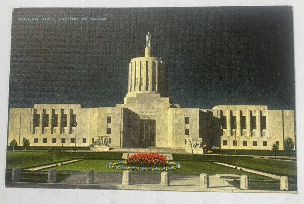 Vintage Linen Postcard ~ State Capitol Building at Night ~ Salem Oregon OR