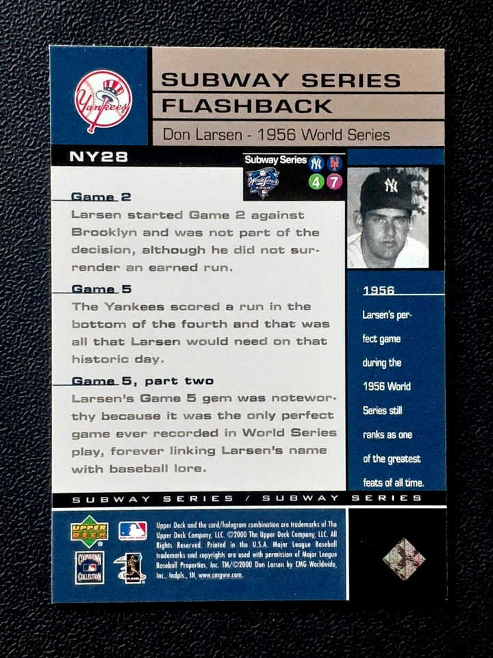 DON LARSEN 2000 UPPER DECK SUBWAY SERIES #NY28         67342 - Image 2 of 2