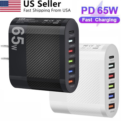 65W Fast Wall Charger PD USB-C Type C QC3.1 Power Supply Adapter 6 USB Ports Hub