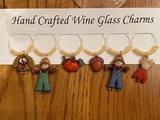 "THANKSGIVING, SCARECROW, TURKEY, FALL"  SET OF 6 HAND CRAFTED Wine Glass Charms