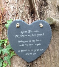 Personalised Engraved Memorial Natural Slate Heart Grave Marker Hanging Plaque