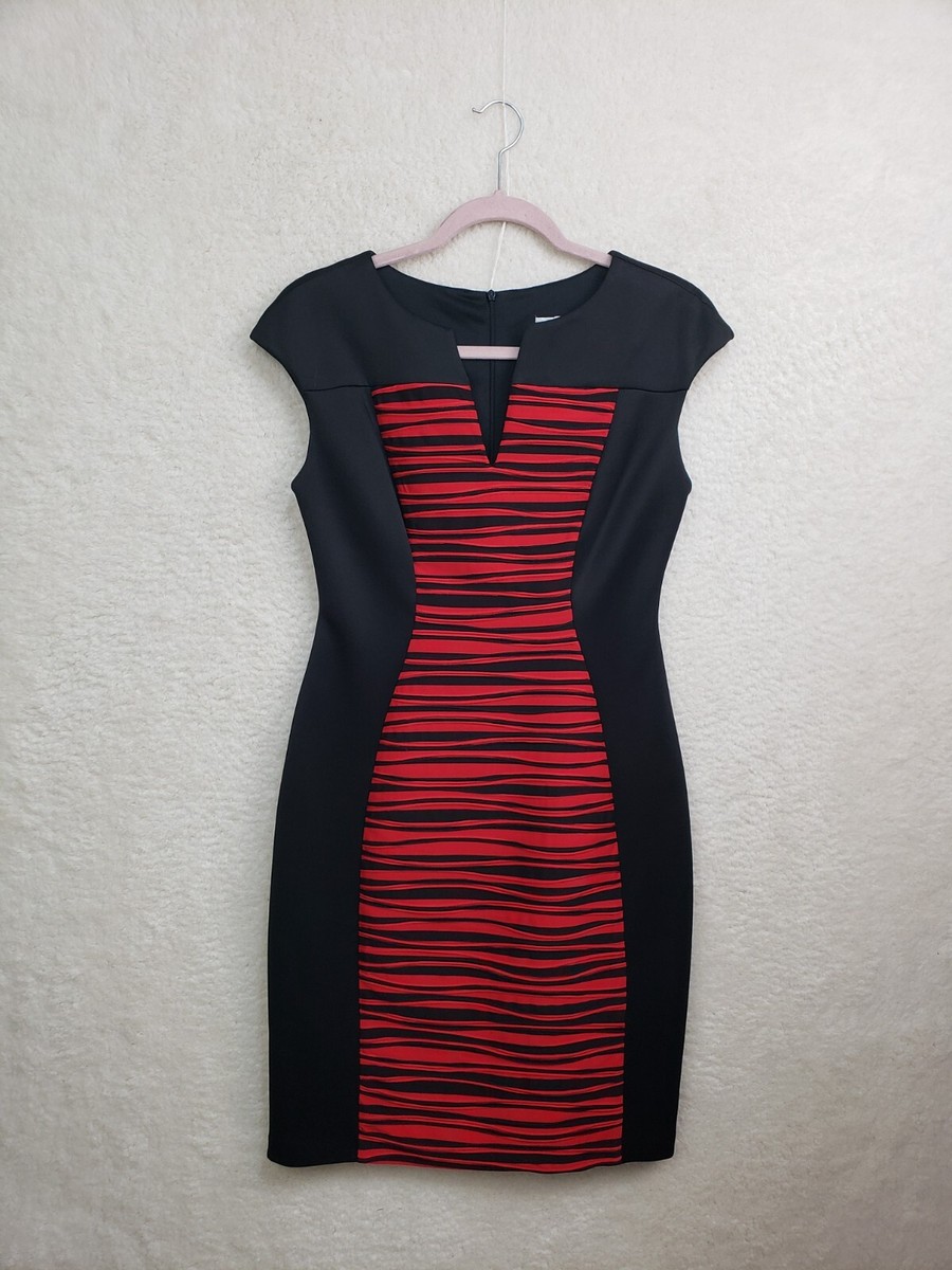 Dressbarn Women Dress Black Striped Poly Blend Sleeveless Knee