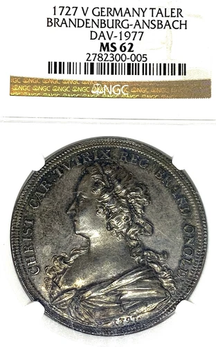 German States Brandenburg-Ansbach 1727 Taler Coin Thaler NGC MS 62 VZ/F.STG RARE