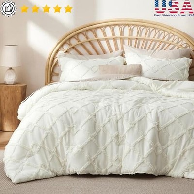 Boho Comforter Set King Ivory Tufted Bedding Soft Fluffy Durable Easy Care New