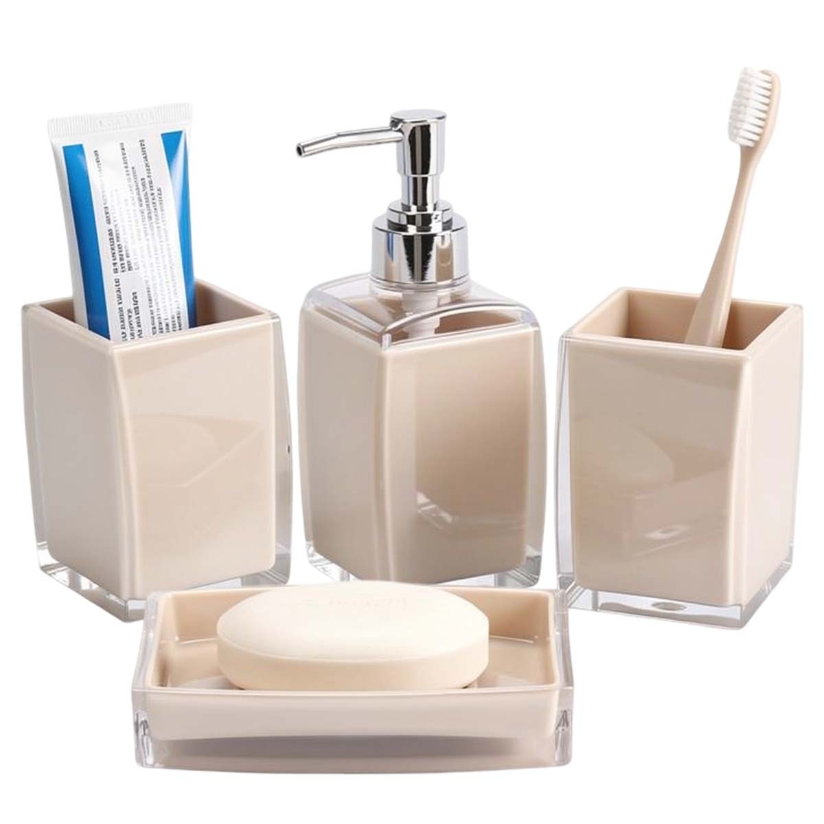 Ensemble 4 accessoires salle de bain beige en céramique design épuré