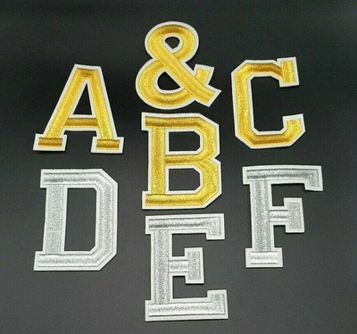 Patch Letters & Numbers 9.8cm Gold / Silver Iron on / Sew on Alphabet Embroidery
