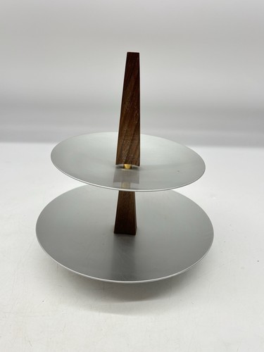 Mirro Medallion Two Tier Aluminum and Teak Snack Tidbit Tray Server Mid Century - Picture 5 of 7