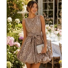 Pants Store Dress M Taupe Bubble Hem Mini Floral Jacquard Puffball Balloon Skirt