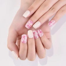 Ivory White Press on Fake Nails Short Square with Peach Flower Design, Glossy...