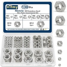 130 Pcs Metric Hex Nuts Assortment Kit, M3 M4 M5 M6 M8 M10 M12 Assorted Hardw...
