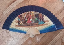 Vintage Spanish Hand Painted Scene Wooden Folding Hand Fan Made in Spain
