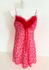 Cinema Etoile Size Medium Pink Lips Feathers Babydoll Chemise Padded Bust