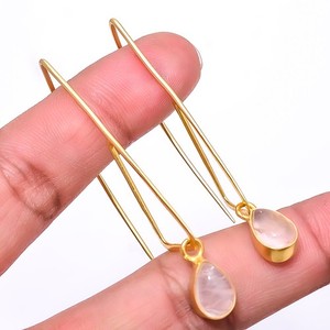 Authentic Natural Pink Rose Quartz Gold Plated 925 Sterling Silver Earring 2.46" E12