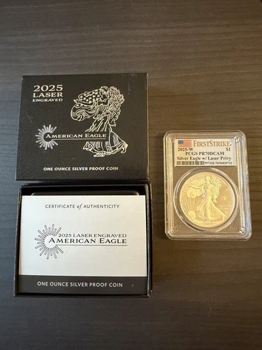 2025 W Silver American Eagle $1 Laser Privy PCGS PR70 DCAM First Strike Flag