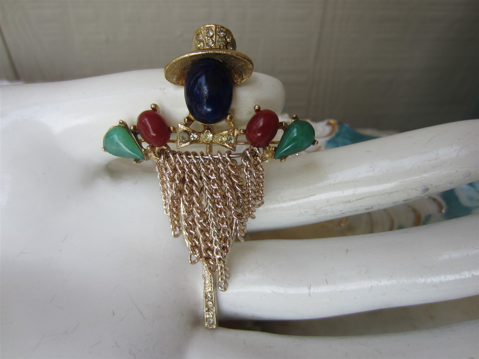 Vintage ART Arthur Pepper Rhinestone Cabochon SCARECROW Figural PIN Brooch
