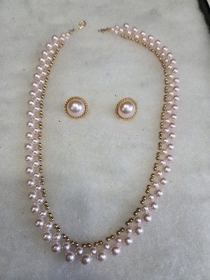 Vtg gold tone pink faux pearl 1928 ?? Earrings Necklace Set