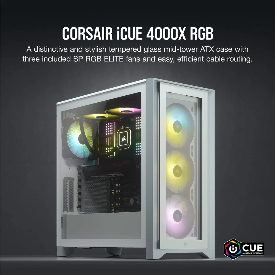 CORSAIR iCUE 4000X RGB ATX Mid-Tower PC Case w/ 3 SP120 RGB Fans – White - Image 4 of 4