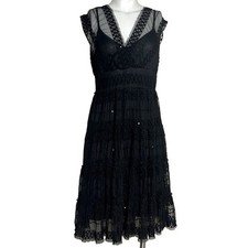 MAX STUDIO BLACK LACE & SEQUIN CAP SLEEVE FIT & FLARE SHEER DRESS