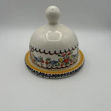 Vtg Hand Painted Cheese Dish Ceramic Floral Signed 1987 Love Birds Wedding Gift