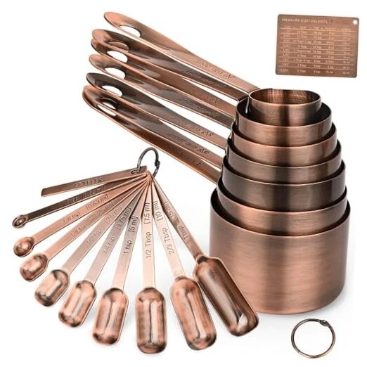 Plated Measuring Cups and Spoons Set, Stainless Steel A: Set 18 Copper