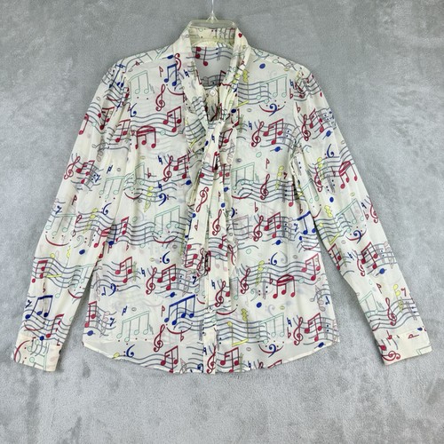 Valentino RED Silk Blouse Women 44 US 8 Musical Notes Print Pussy Bow Tie Luxury