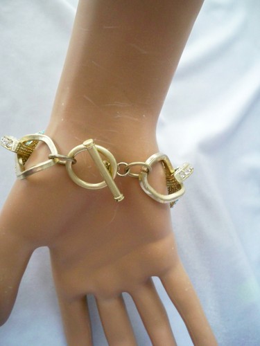 Vintage Crystal & Aqua Rhinestone Chunky Circles Gold Tone Toggle Bracelet - Picture 4 of 7