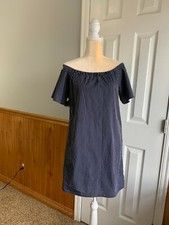 Banana Republic Vertical Stripe shift Dress blue gray off shoulder Size Small