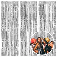 3 Pack Silver Foil Fringe Backdrop Curtains Party Streamers Metallic Tinsel B...