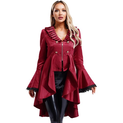 Women Steampunk Gothic Lace Flared Tailcoat Jacket Victorian Medieval Dress Coat - Picture 11 of 41